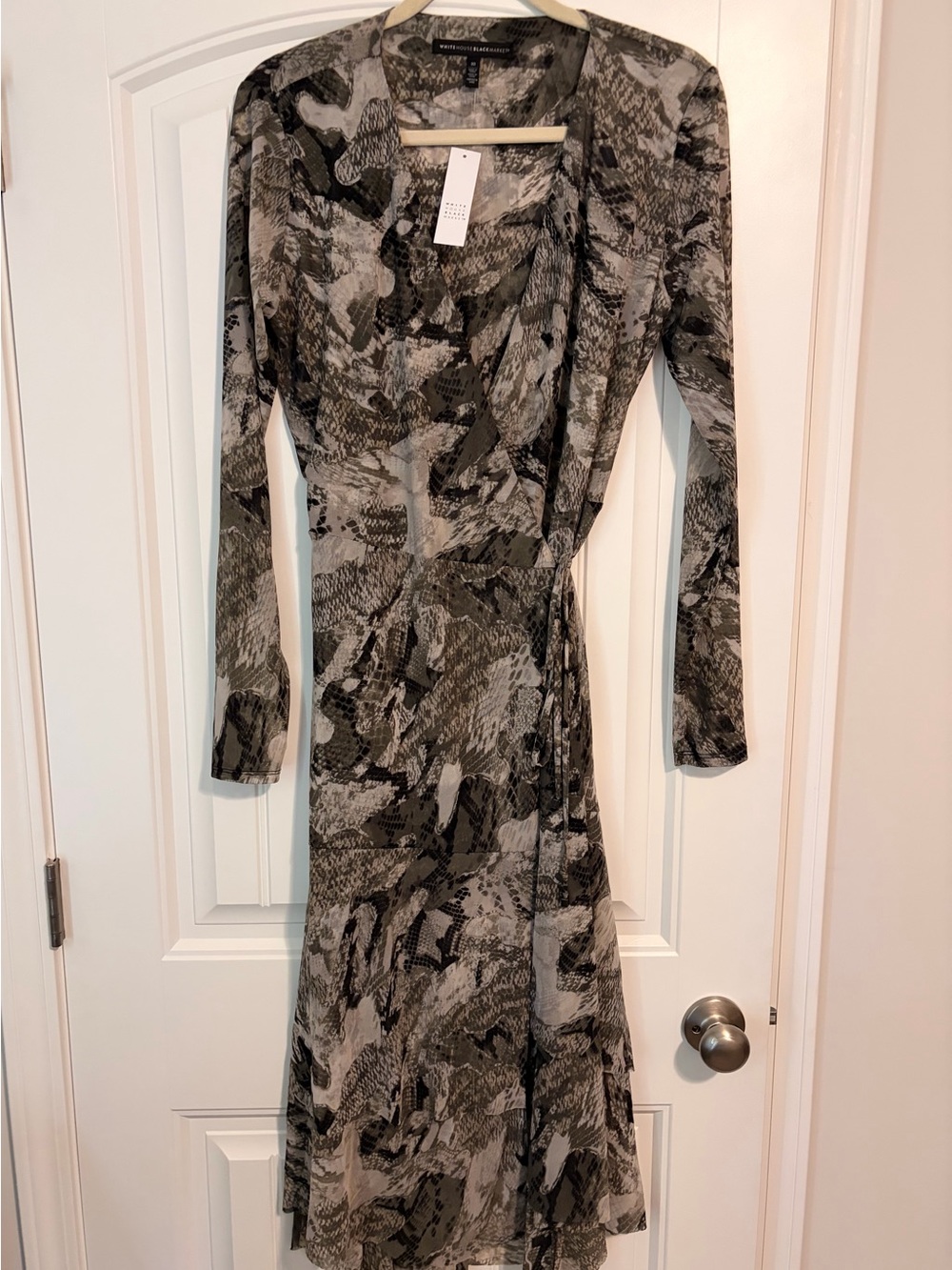 White House Black Green Snake Skin Long-Sleeve Wrap Dress